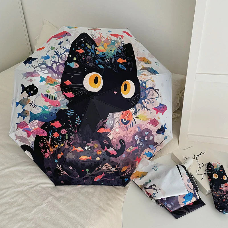 Cute Cat & Fish Folding Umbrella – UV & Rain Protection
