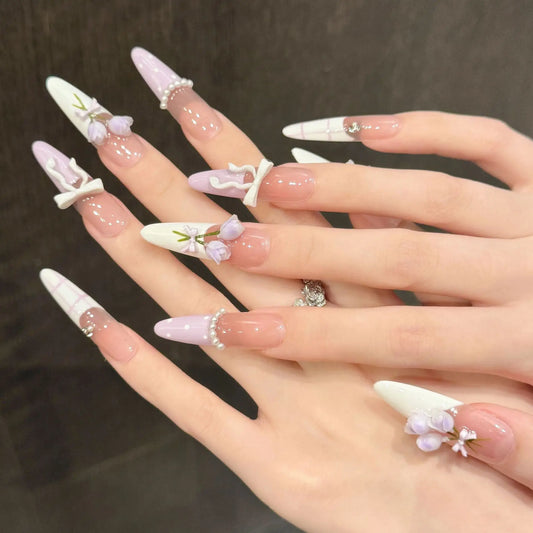 10pcs Handmade Press on Nails with 3d Purple Tulip Flower Fake Nails Wearable Full Cover Long Oval French Bow False Nail Tips Peaceful Pleasures Health and Wellness