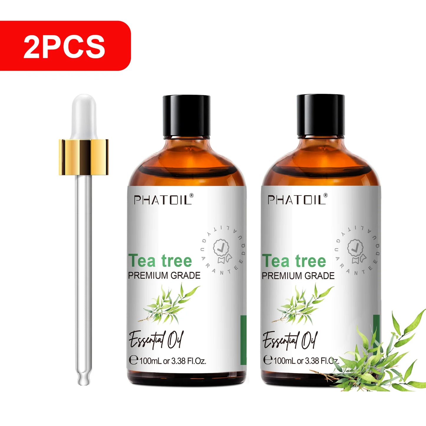 PHATOIL 100ml(3.38 fl.Oz) Eucalyptus Peppermint Tea tree Vanilla Bergamot Aromatherapy Essential Oil For Diffuser,Candle Making Peaceful Pleasures Health and Wellness 2pcs Tea tree 100ml