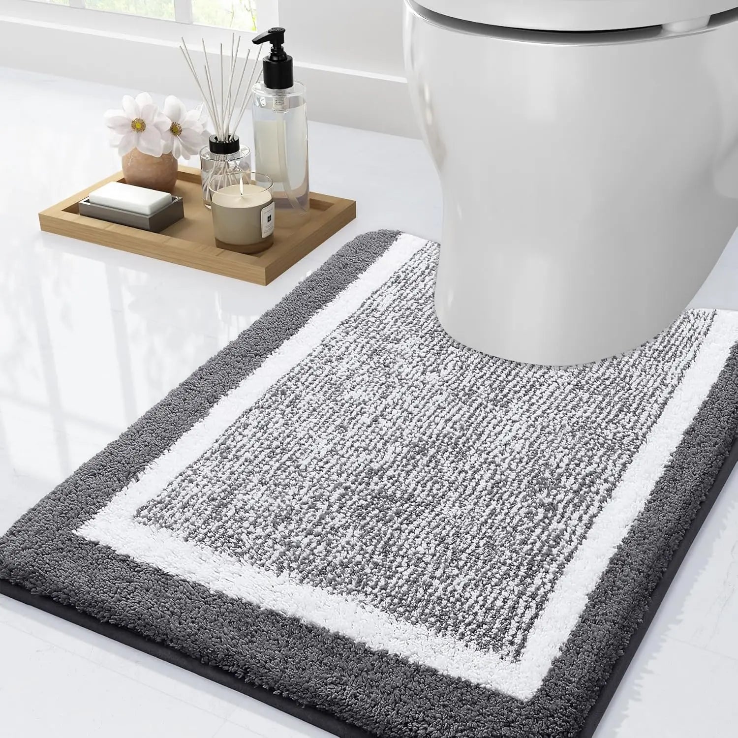 Microfiber Bathroom Closestool Carpet Waterproof Non-slip Quick Drying Machine Washable TPR Backing Medium Velvet Toilet Mats Peaceful Pleasures Health and Wellness Dark Grey Ushape 500MMx600MM