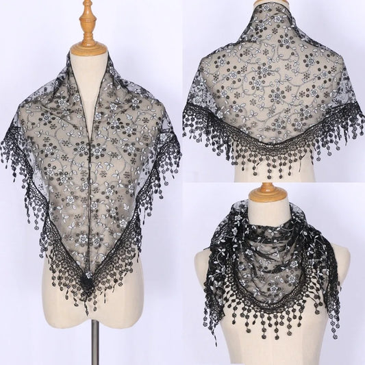 Women's Triangle Lace Veil Headscarf – Floral Sequined Scarf Lace Headscarf Oasis Select