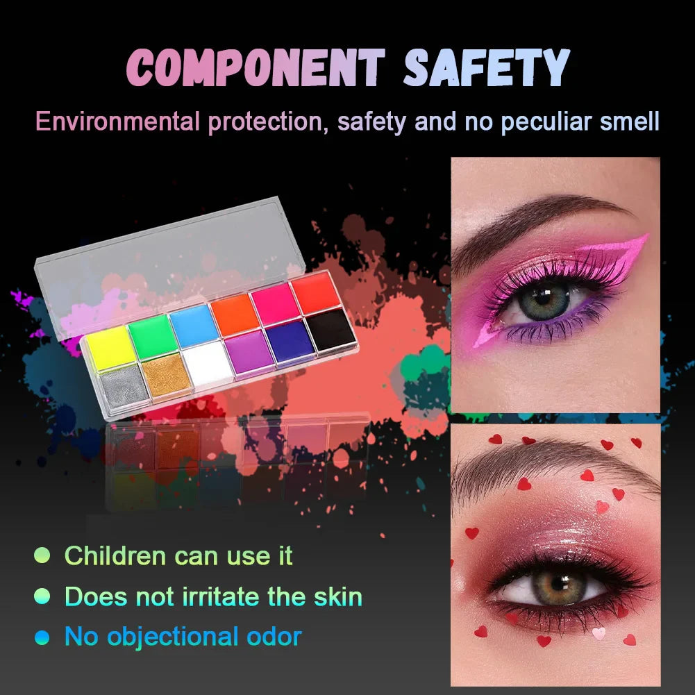 12-Color UV Glow Face & Body Paint Palette | Waterproof