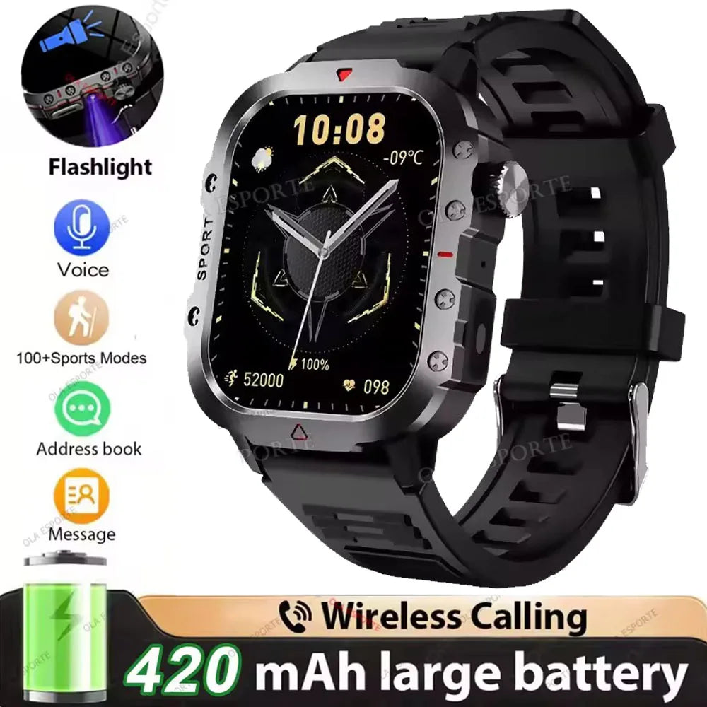 2026 Outdoors Durable Men Sports Smart Watch 1400mAh Battery LED Flashlight Waterproof Bluetooth Call Military Smartwatchs HW12 Peaceful Pleasures Health and Wellness 2.01 Black Smartwatch