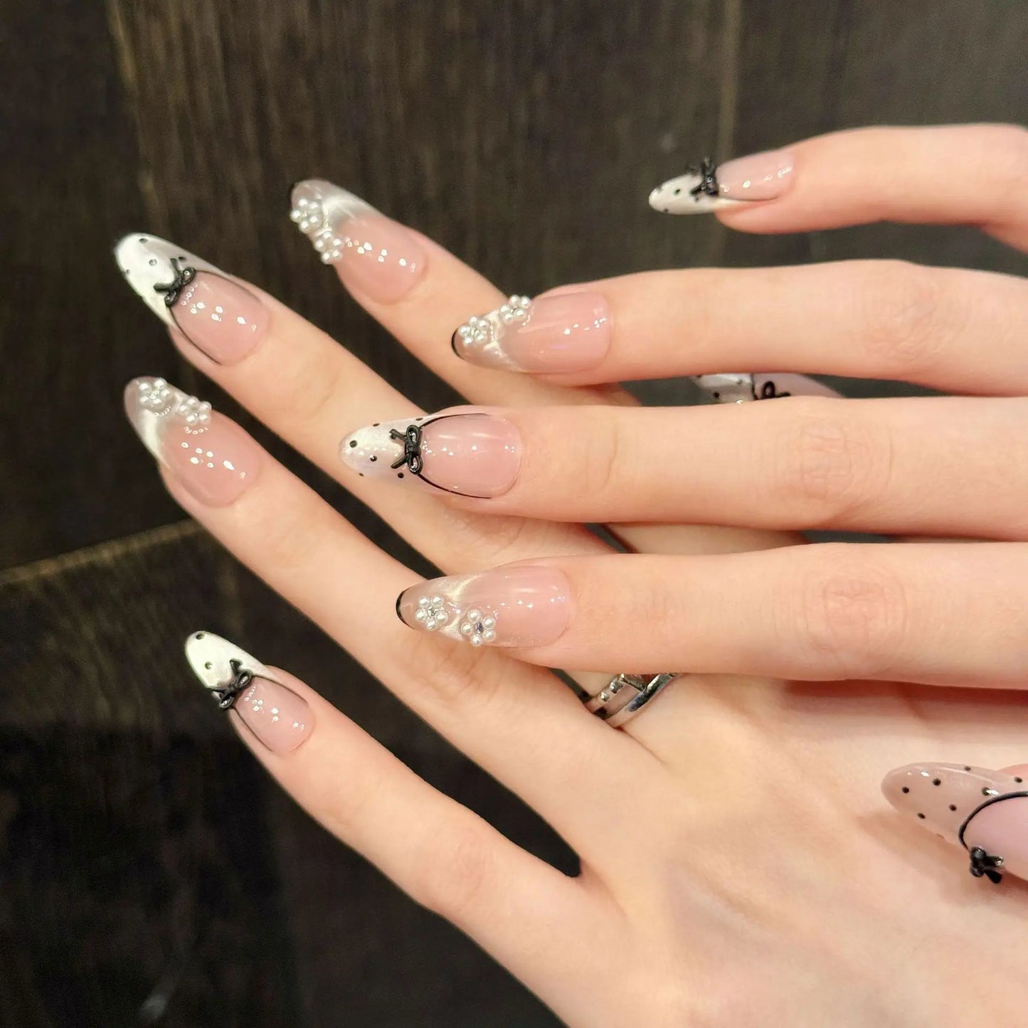 10pcs Handmade Press on Nails Black Bow Design Fake Nails Wearable Full Cover Shiny Nude Pink Cat Eye French Fake Nail Tips Peaceful Pleasures Health and Wellness L 1