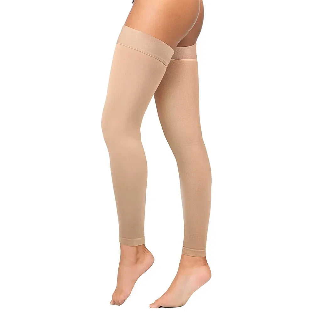 1Pair Thigh High Footless Compression Sleeves & Silicone Band for Women Men,Firm 20-30 mmHg Graduated Support for Varicose Veins Peaceful Pleasures Health and Wellness Beige-1Pair L
