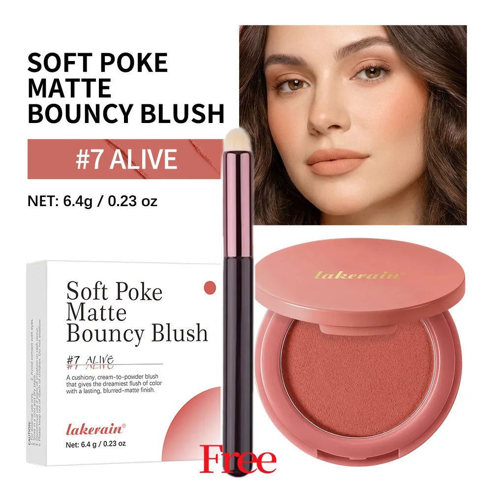 Soft Poke Bouncy Blush&Free Brush Soft Velvety Matte Finish Nude Makeup Monochrome Beginner Women's Blush Palette Cosmetic Peaceful Pleasures Health and Wellness 07 Alive