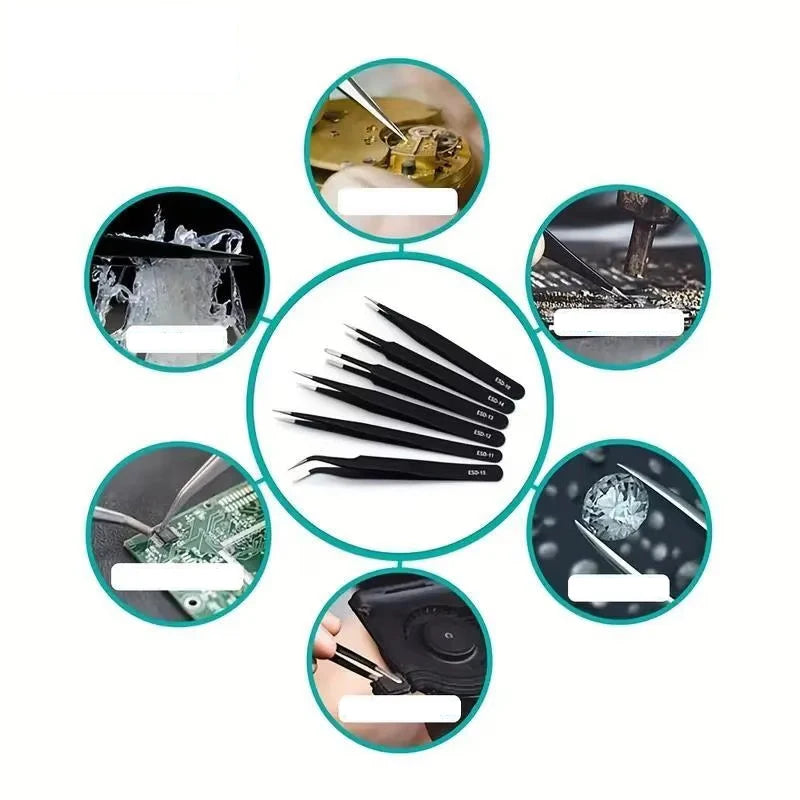 6pcs Precision Long Tweezers Set ESD Anti-Static Stainless SteelTweezers Repair Tools For Electronics Repair Soldering Craft Peaceful Pleasures Health and Wellness