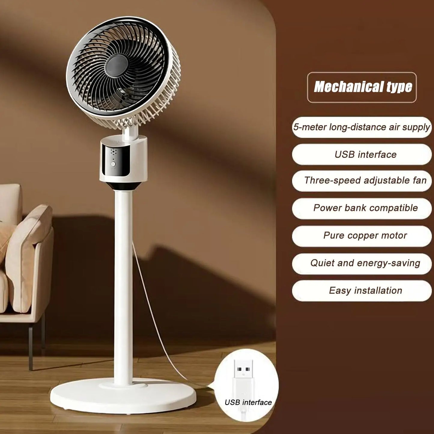 3-Speed USB Floor Fan – Quiet Standing Fan for Home & Dorm