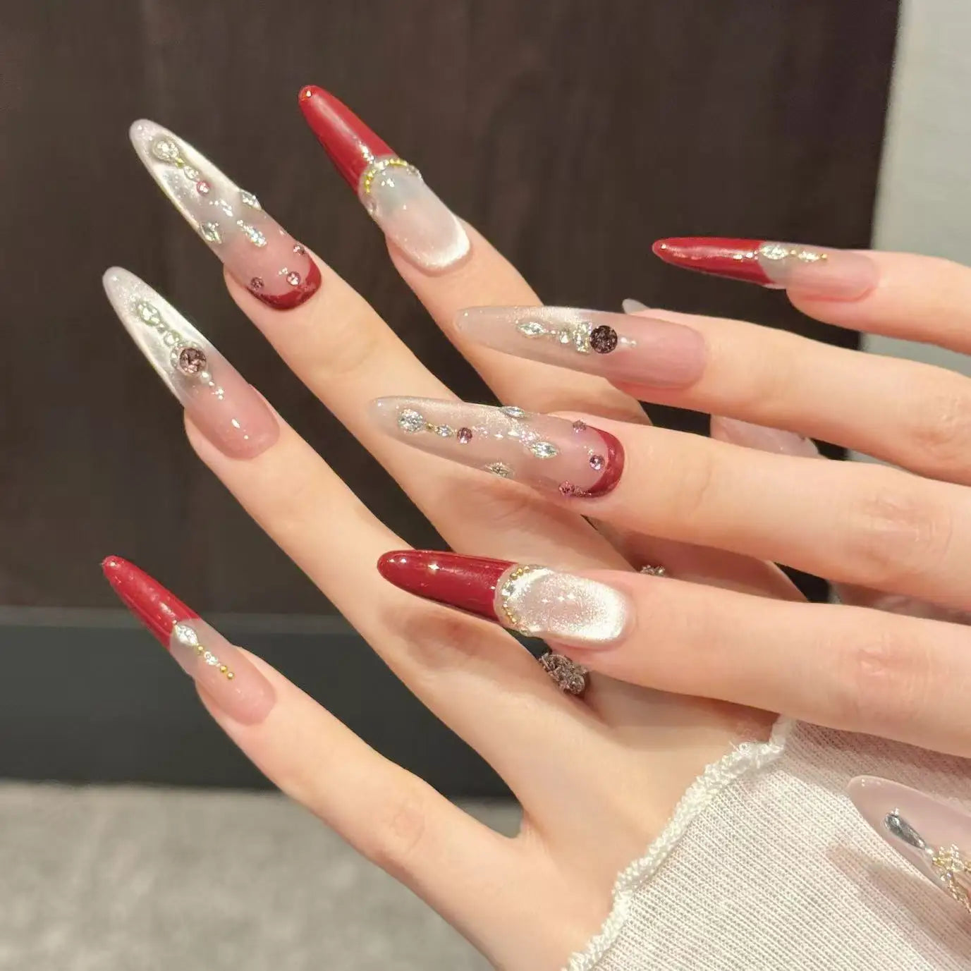 Wine Red French Press On Nails | Cat's Eye Diamond Almond 10pc