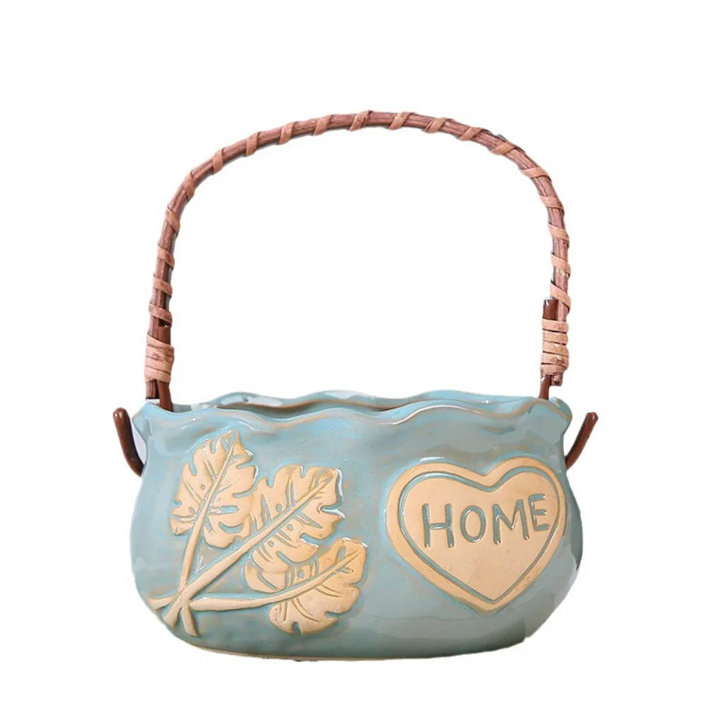 Nordic Ceramic Succulent Planter with Handle | Breathable Pot