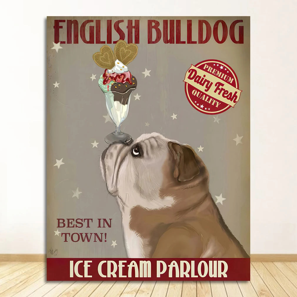 English Bulldog Ice Cream Retro Canvas Wall Art | Unframed