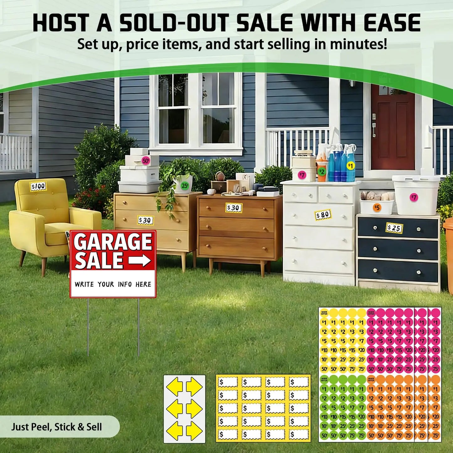 Garage Sale Sign Kit 17x13" | 12 Signs, Stakes & 440 Stickers Yard Sale Sign Kit Peaceful Pleasures Health and Wellness