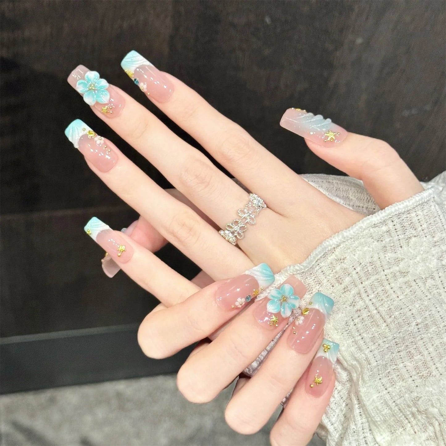 10pcs Handmade Press On Nails Ocean Style False Nails Pink Blue Color 3D Flower Design Long Square French Fake Nail Tip Wearable Peaceful Pleasures Health and Wellness Xs