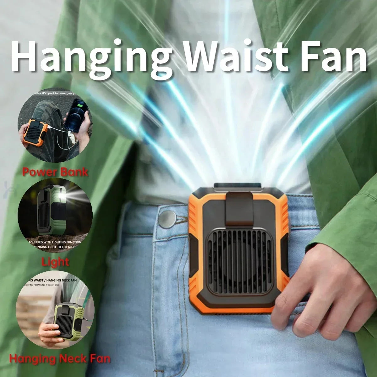 Portable Belt Fan 3 Speed 4000mAh Hands-free Fan USB Rechargeable Cooling Waist Fan Emergency Mobile Power Bladeless for Outdoor Peaceful Pleasures Health and Wellness