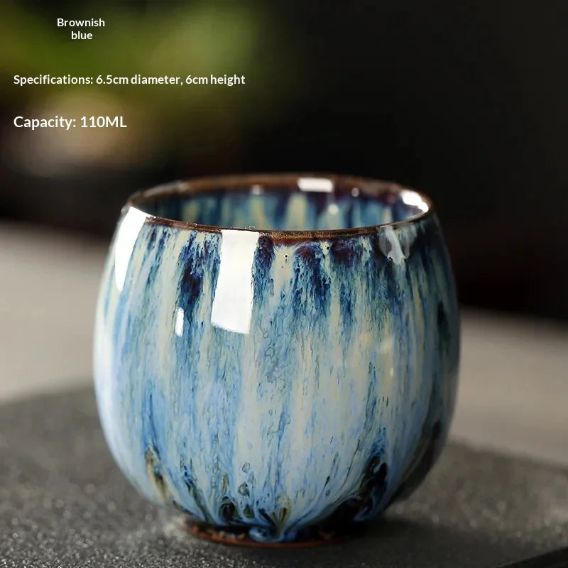 New Ceramic Kung Fu Tea Set with Kiln Transformation, Single Cup Tianmu Glaze, Main Tea Tasting Cup, Egg Shaped Small Tea Bowl Peaceful Pleasures Health and Wellness 03 110ML