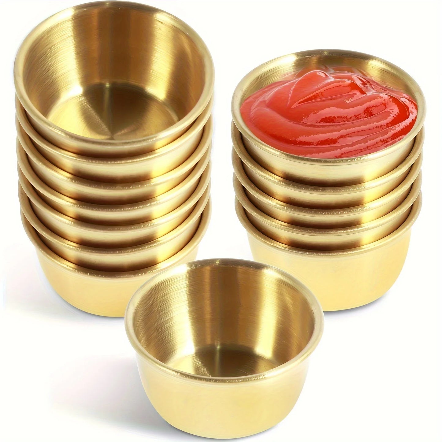 12Pcs set Stainless Steel Mini Round Shape Seasoning Flavor Plate Dipping Dish Tray Jam Dish Snack Nut Fruit Plate Without Lid Peaceful Pleasures Health and Wellness 12pcs-Golden