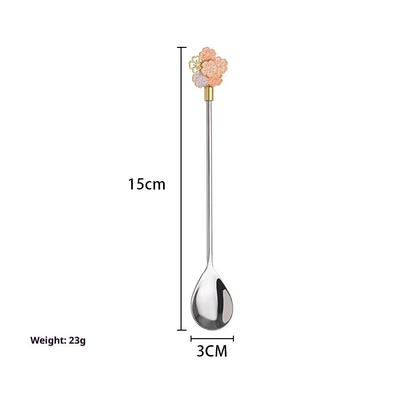 Hot 1Pc Stainless Steel Cherry Blossom Spoon Fork Coffee Spoon Kitchen Star Long Handle Stirring Spoons Kitchen Coffee Tableware Peaceful Pleasures Health and Wellness Silver short spoon