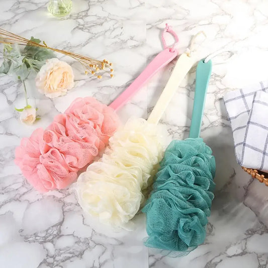 Large Two-Tone Bath Puff with Long Handle & Hanging Rope Bath Puff Scrubber Peaceful Pleasures Health and Wellness