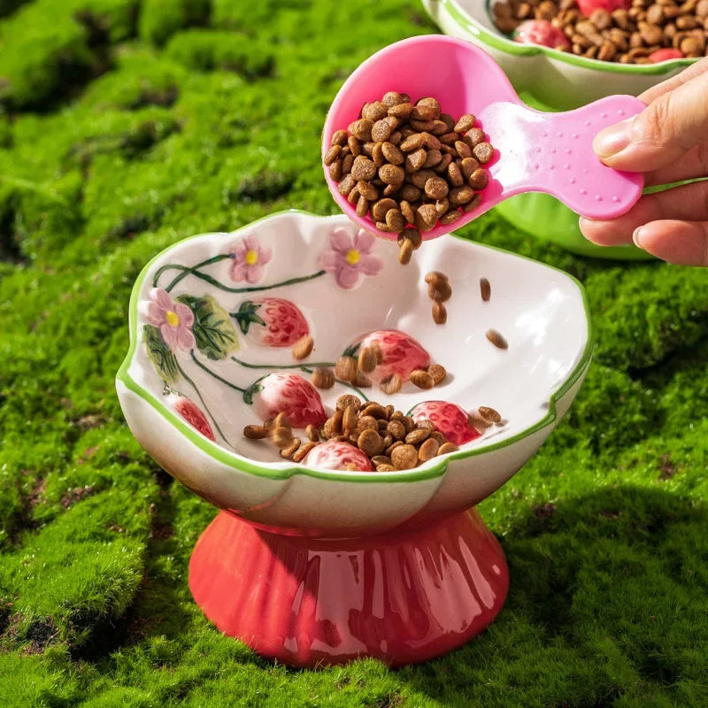Ceramic Strawberry Slow Feeder Cat Bowl | Elevated Anti-Tip