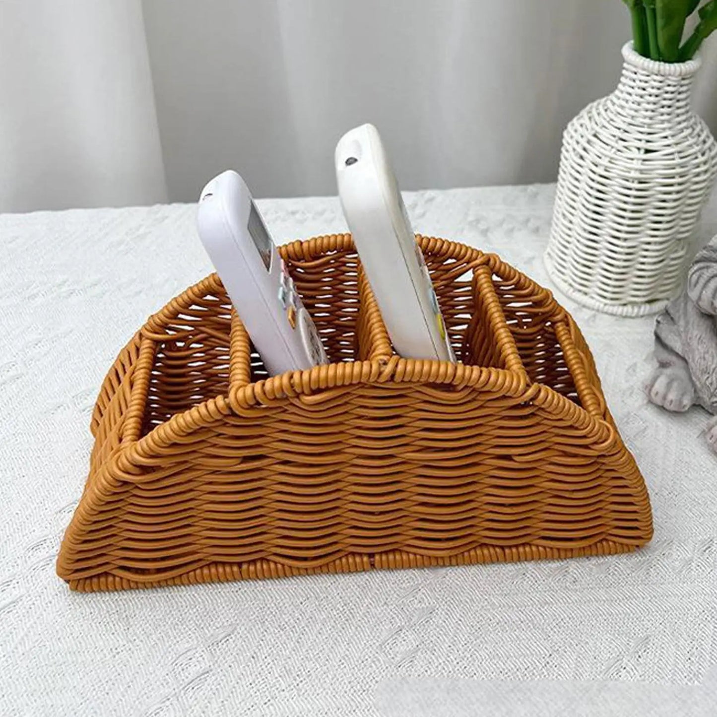 Woven 4-Slot Remote Control Holder | Boho Desktop Organizer