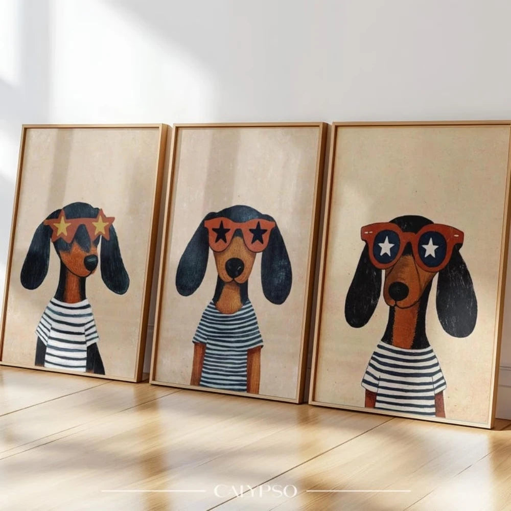 Funny Dachshund Glasses 3-Piece Canvas Wall Art Print Set