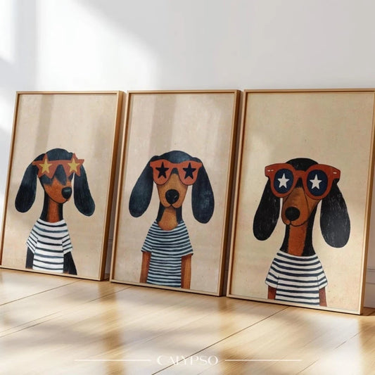 Funny Dachshund Glasses 3-Piece Canvas Wall Art Print Set Canvas Wall Art Peaceful Pleasures Health and Wellness G5328-3pcs 30x40cm Wood Framed