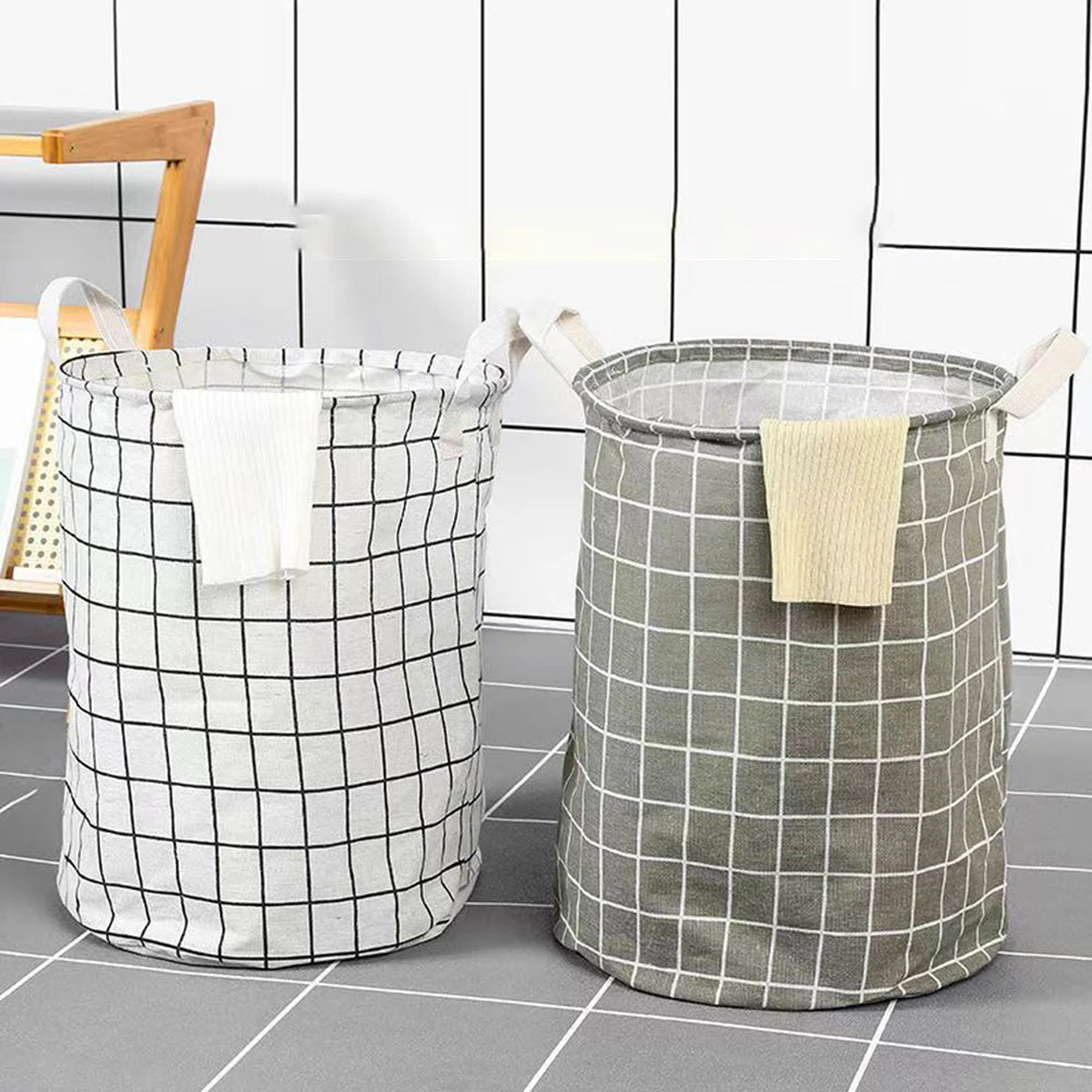 Large Foldable Waterproof Dirty Clothes Basket Household Toy Storage Bucket Plaid Fabric Cotton Linen Household Organizer Peaceful Pleasures Health and Wellness