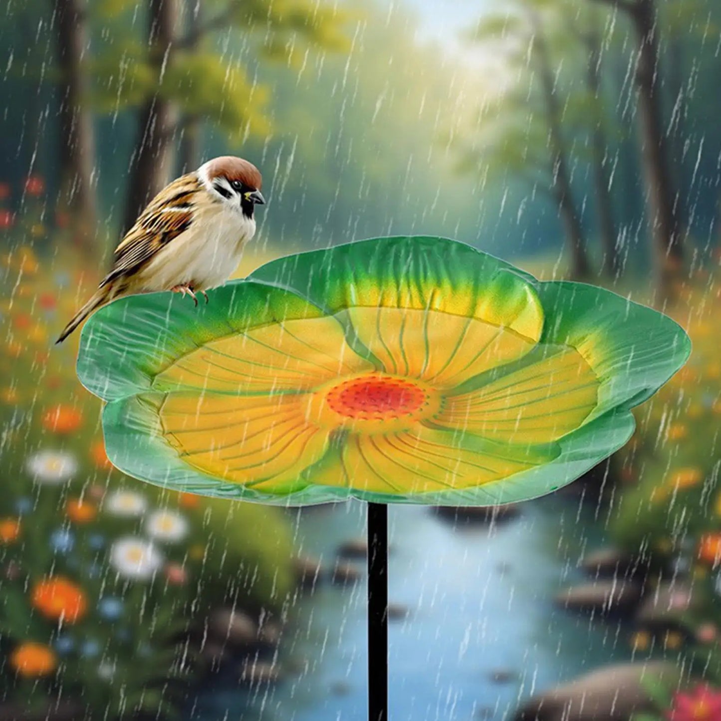 Bird Bath Flower-Shaped Colorful Metal Stakes Birdbath Outdoor Garden Bath Bowl Feeder for Yard Patio Deck Porch Backyard Peaceful Pleasures Health and Wellness