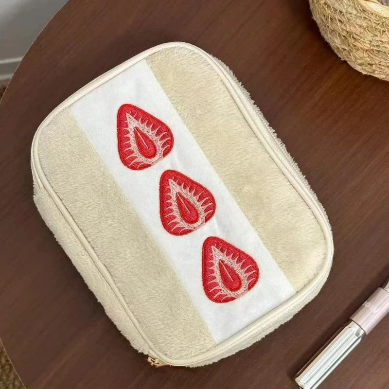 Strawberry Embroidery Organizer Pouch | Pencil & Cosmetic Bag