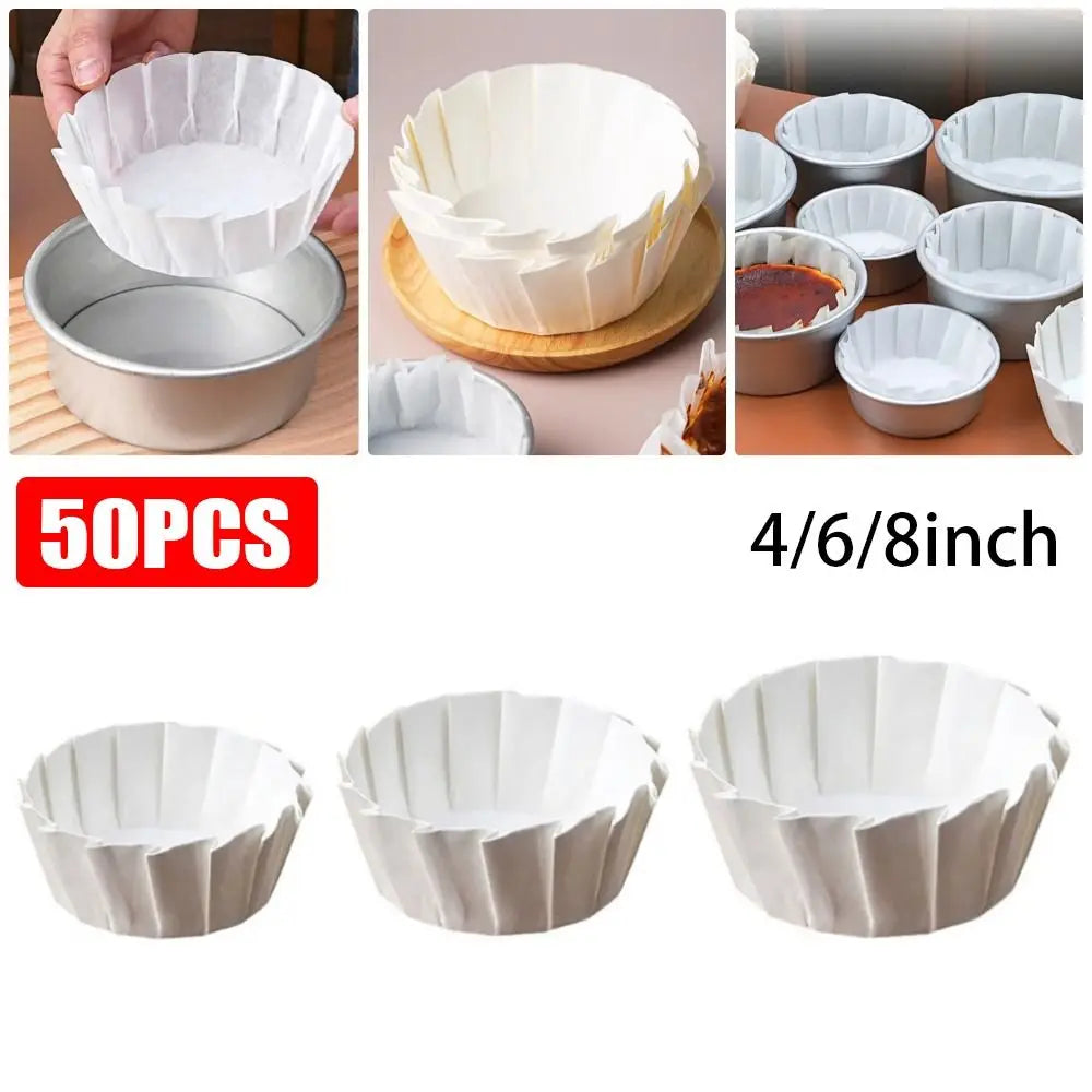 50-Pack Disposable Basque Cake Liners | Oilproof 4/6/8 Inch
