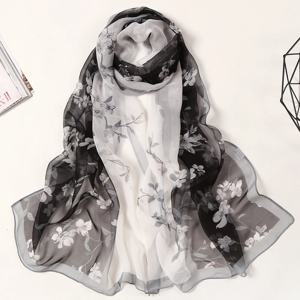 Women's Ink Lotus Chiffon Scarf – Lightweight Floral Print