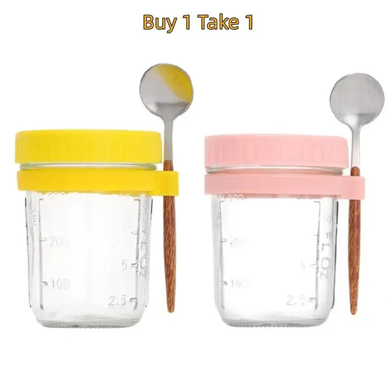 350ml Glass Overnight Oats Jar with Lid & Spoon | 1 or 2 Pack Glass Food Storage Jar Peaceful Pleasures Health and Wellness 2PCS yellow pink
