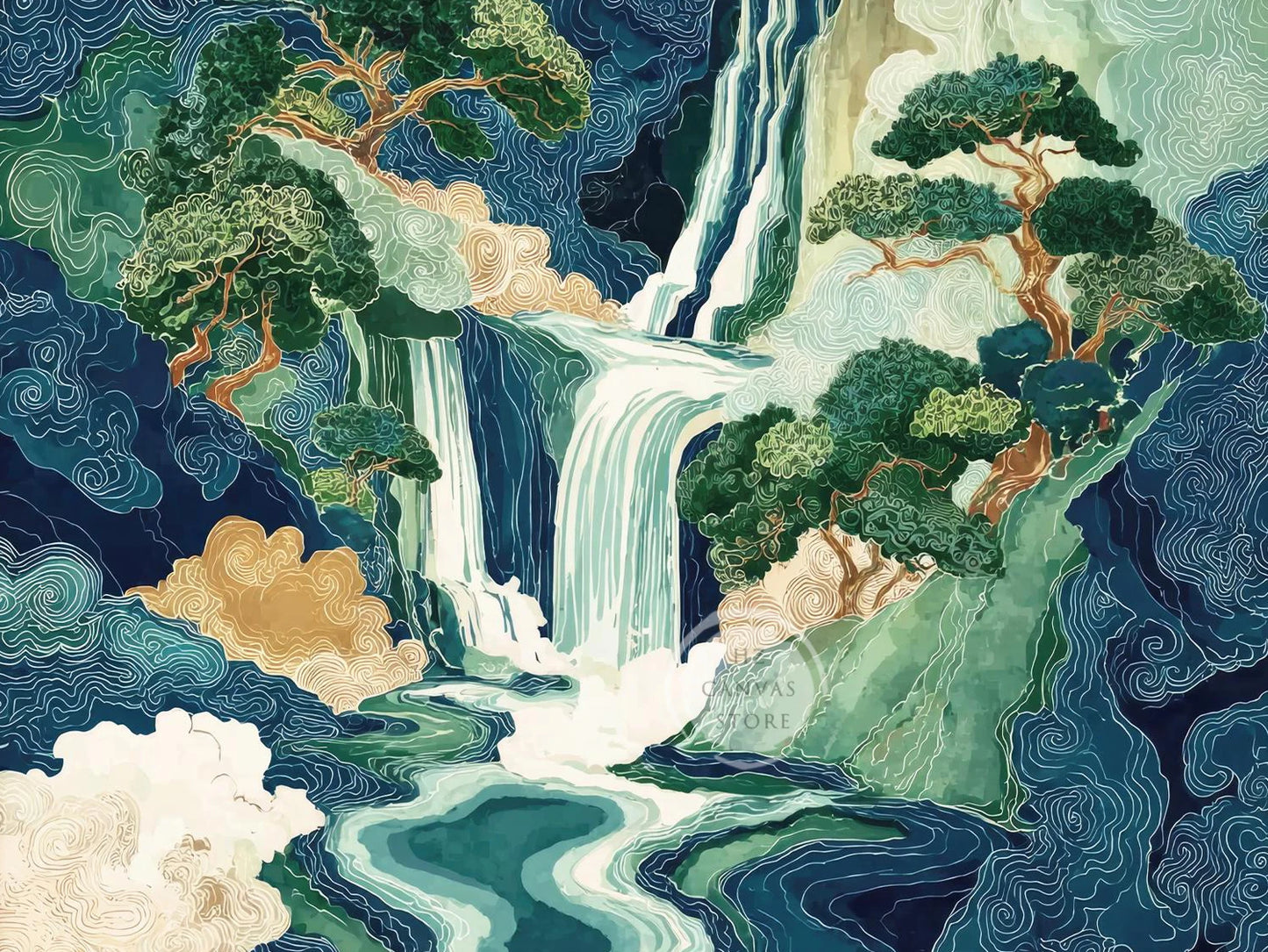 Hokusai Waterfall Oil Painting Print Japanese Ukiyo-e Blue Green Wall Art Modern Canvas Poster Living Room Bedroom Home Decor Peaceful Pleasures Health and Wellness gh3-6 30x40cm