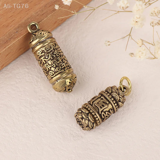 Handmade Hollow Brass Buddha Sutra Cylinder Keychain Pendant Brass Keychain Pendant Peaceful Pleasures Health and Wellness