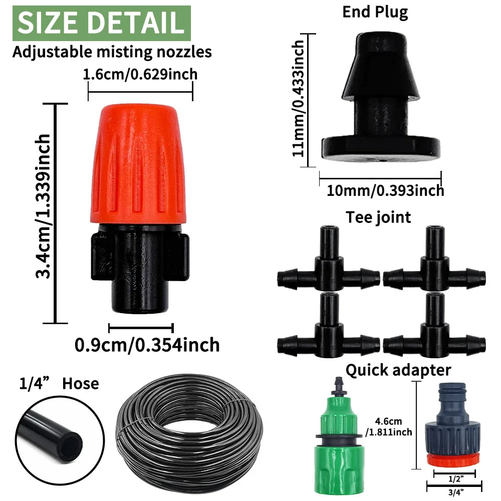 Fog Nozzles Irrigation Kit 5M-20M Garden Automatic Spray Misting Plant Watering System with 4/7 PE Hose and Connector Peaceful Pleasures Health and Wellness