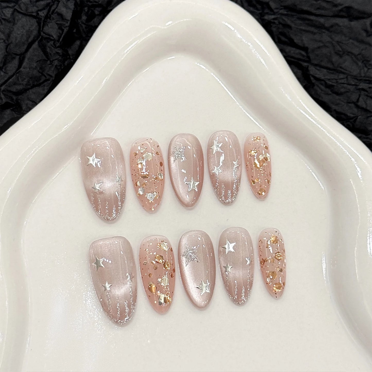 10pcs Cat's Eye Press On Nails – Autumn Brown Star & Flower Art