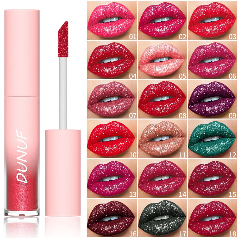 DUNUF Glitter Lip Gloss 18 Colors | Diamond Shimmer Liquid Lipstick