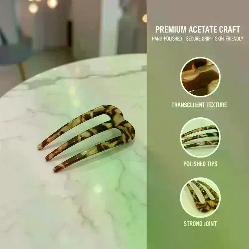 Vintage Resin 3-Tooth Hair Fork Comb | Non-Slip Hair Stick