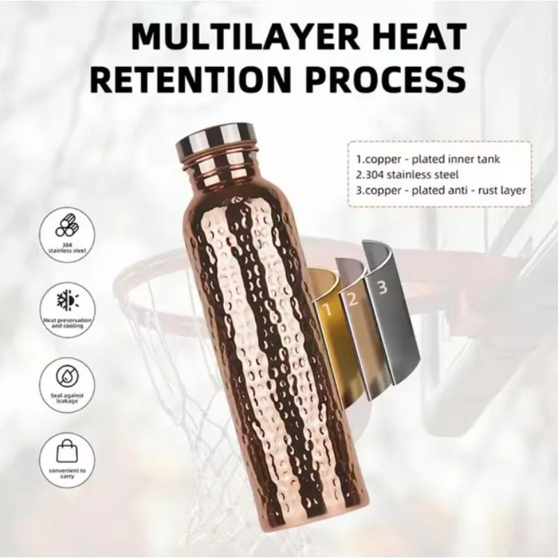 Hot 800ML Copper Drinking Bottle Hammer Pattern Leakproof Sports Water Bottle Outdoor Cycling Gym Fitness Travel Drinking Cup Peaceful Pleasures Health and Wellness