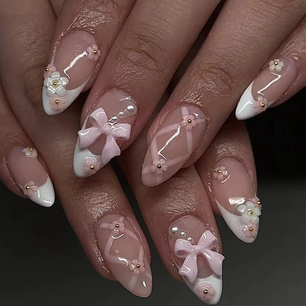 24Pcs Almond Press on Fake Nails French False Nails with Pink Bow Flower Design Oval Manicure Wearable Full Cover Fake Nail Tips Peaceful Pleasures Health and Wellness J1