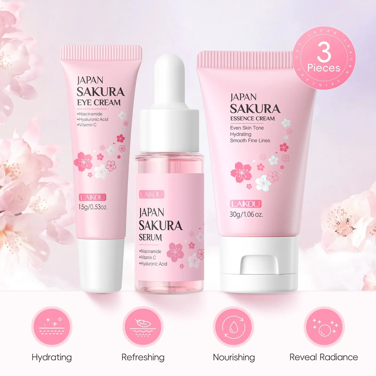 LAIKOU Sakura 3-Piece Skincare Kit – Serum, Eye Cream & Face Cream
