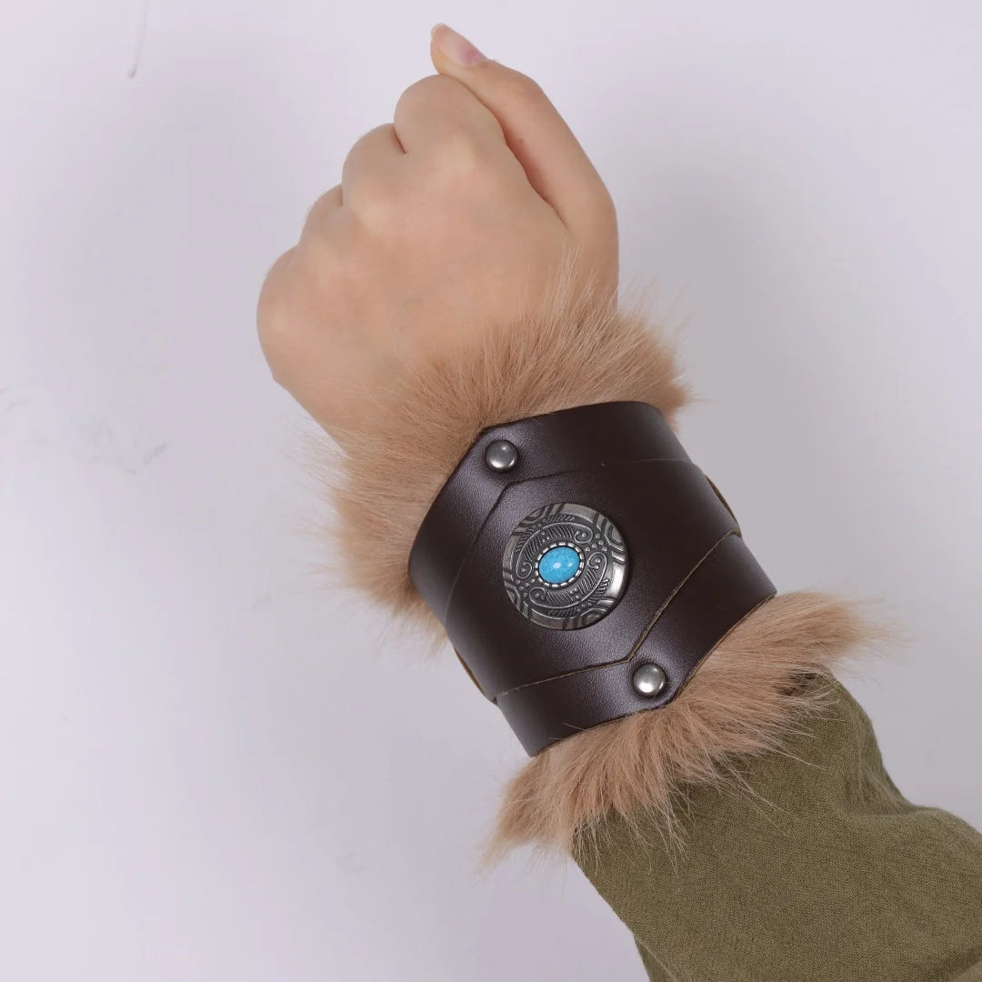 Medieval Knight Bracers Faux Leather Wristwear Furry Trim Retro