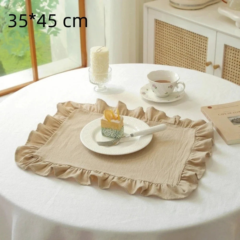 Retro Soft Ruffle Placemats Round Cotton Table Cup Mat Square French Coasters Table Decor Peaceful Pleasures Health and Wellness 35x45 Beige L
