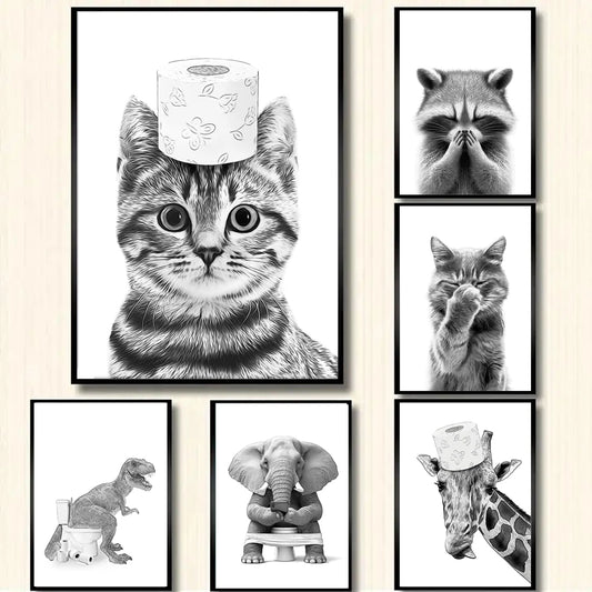 1pc frameless Canvas painting Cat Giraffe Dog Elephant Toilet Paper Bathtub Funny Bathroom Poster Print Canvas Painting Wall Peaceful Pleasures Health and Wellness