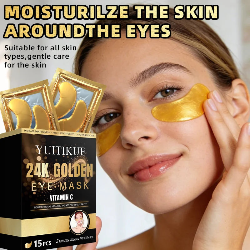 YUITIKUE 24K Golden Eye Mask | Vitamin C Infused | 2-Minute Eye Area Tightening & Hydrating Treatment | 15 Pcs Peaceful Pleasures Health and Wellness