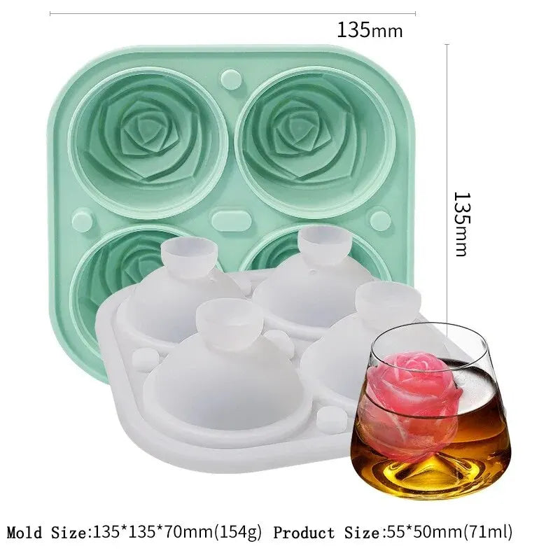 3D Rose Ice Cube Mold – 2.5" Silicone Flower Ice Tray, 4 Giant