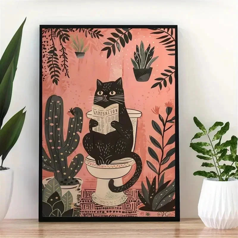 Funny Black Cat Toilet Retro Canvas Poster | Bathroom Wall Art Canvas Wall Poster Peaceful Pleasures Health and Wellness ZLH5606 30x40cm No Frame