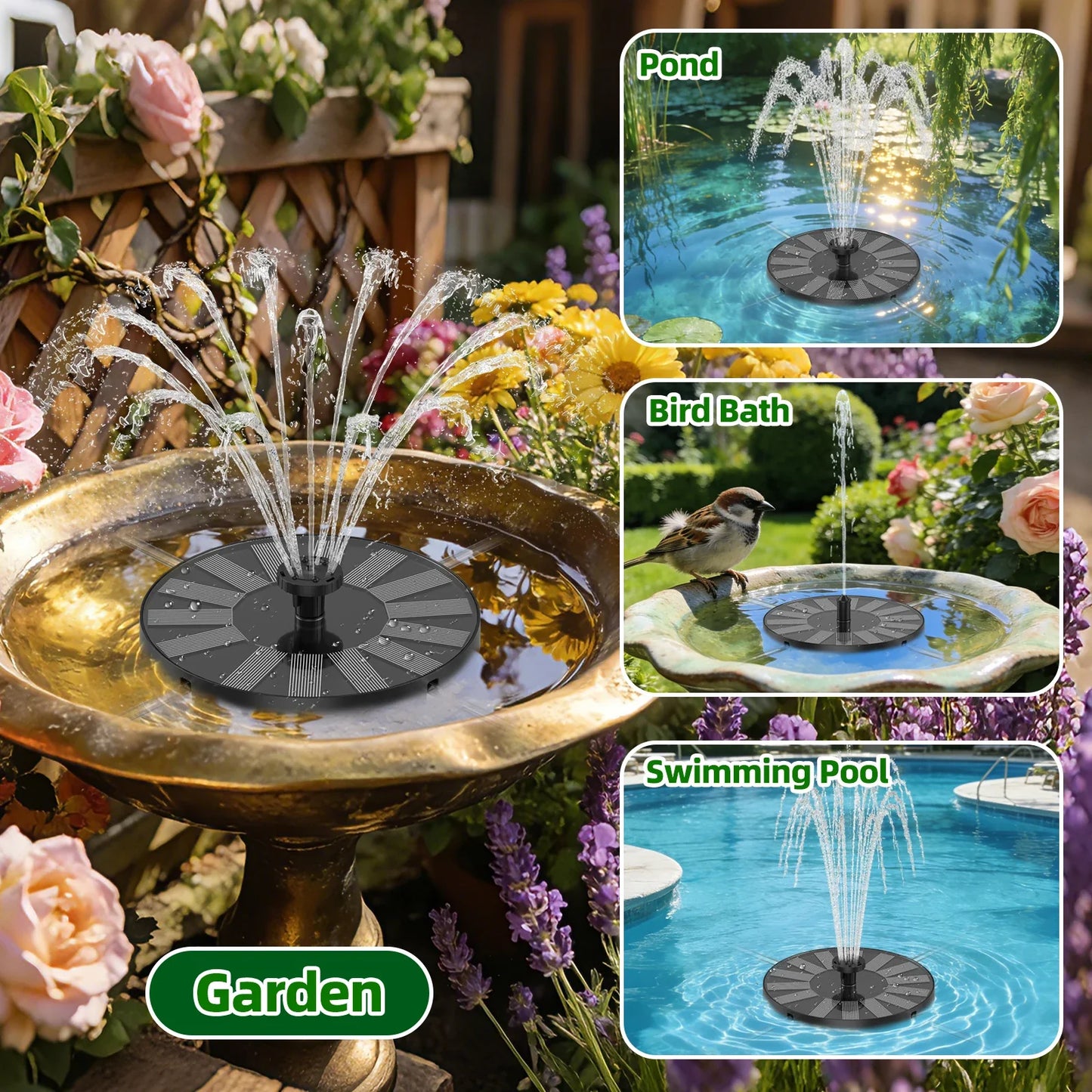 1.4W Solar Bird Bath Fountain Pump – 6 Nozzles & 4 Bars