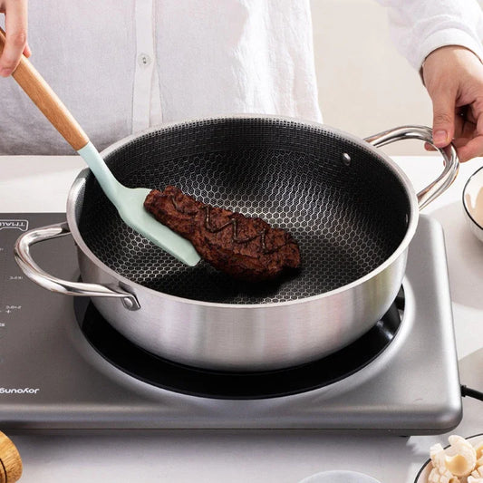 High Quality 410 Stainless Steel Frying Pan Food Grade Honeycomb Nonstick Wok With Double Ears Home induction cooker frying pan Peaceful Pleasures Health and Wellness