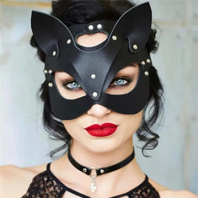 PU Leather Half Face Cat Fox Mask | Halloween Cosplay Party